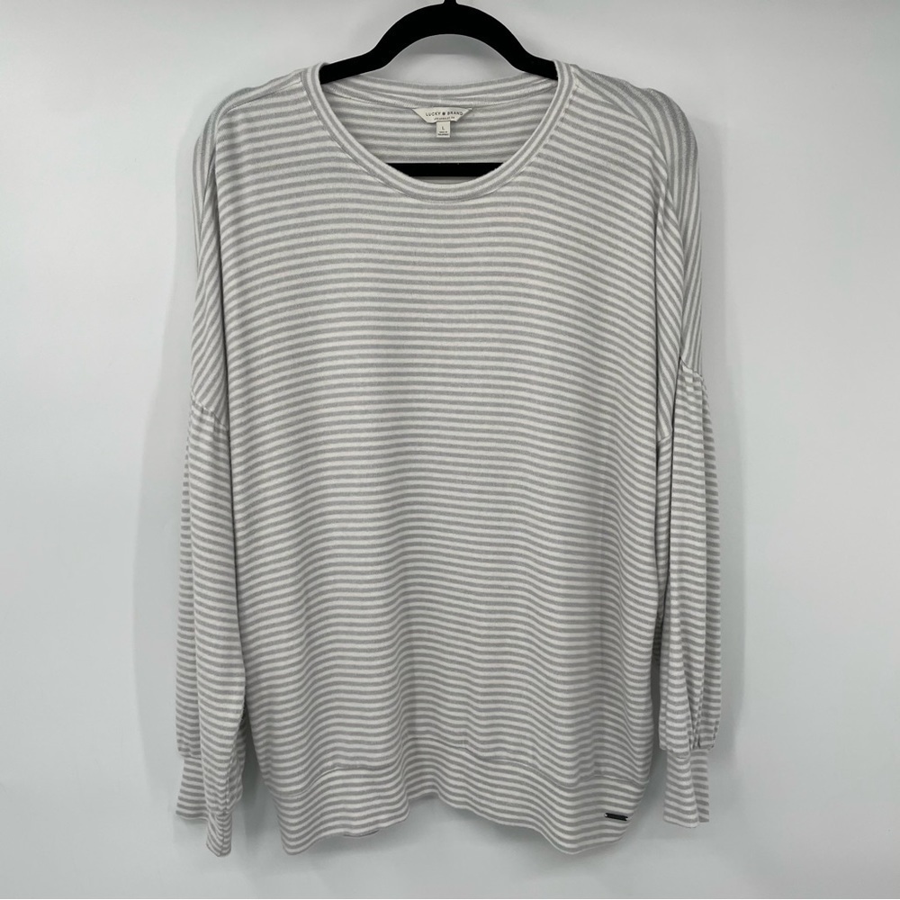 Lucky Brand White & Gray Striped Fleece Top